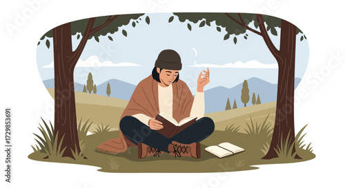 Woman reading book sitting cross legged under tree contemplating idea outdoors
