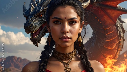 Woman with dragon, desert landscape