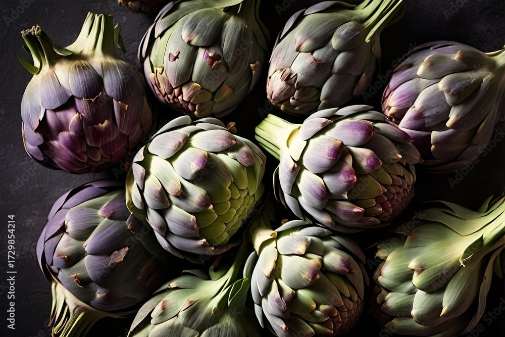 Fototapeta premium Fresh artichokes with greenpurple tones