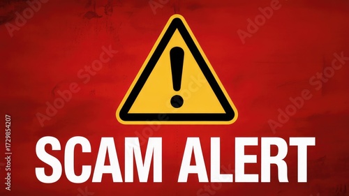 Be aware with this urgent scam alert warning sign for fraud prevention on a textured red background