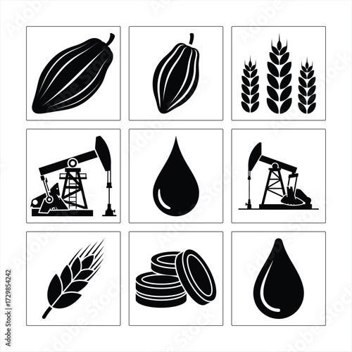 Black And White Icons Of Commodities Resources Depicting Trading And Production