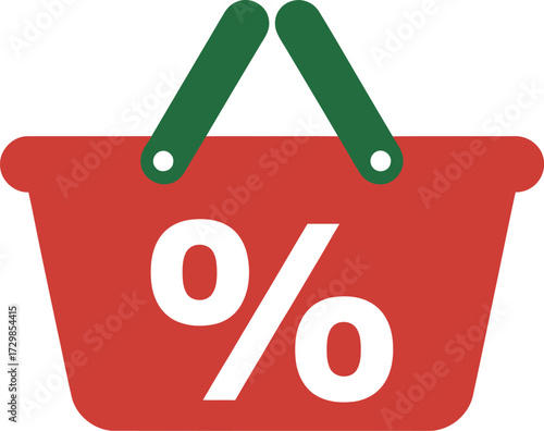 Red shopping basket with percentage symbol, symbolizing discounts and savings