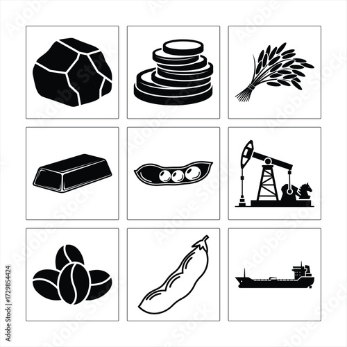 Black And White Icons Representing Various Commodities Trading Elements In Grid Layout