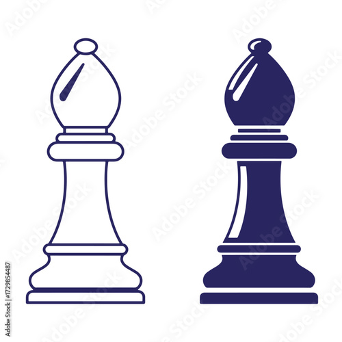 Two vector bishop chess pieces in outline and solid color for strategic board games
