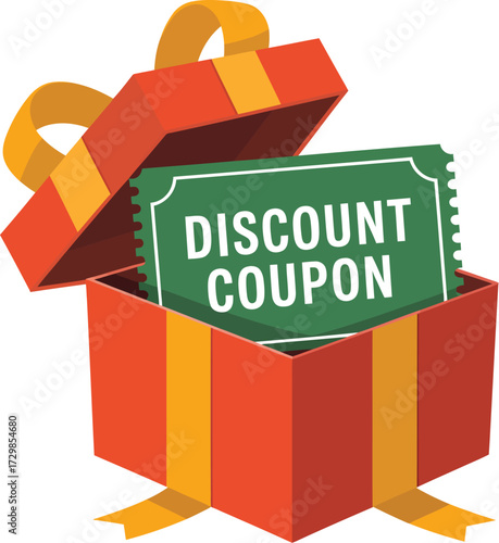 Surprise gift box revealing a discount coupon for savings and special offers.