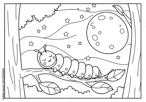 Caterpillar sleeping inside a cocoon on a tree branch, background of moon, stars, and night sky, simple bold line art, black and white, white background, no color, no shading, coloring page for kids.