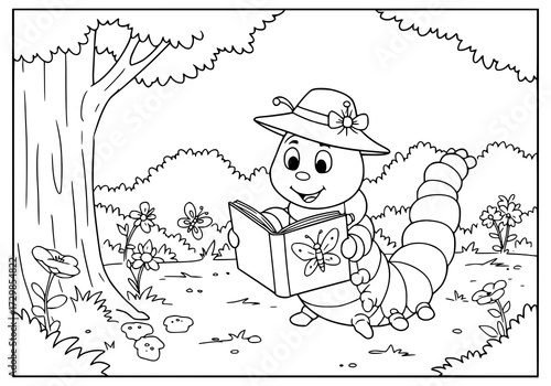 Caterpillar wearing a little hat reading a book about butterflies, background of tree and garden, simple bold line art, black and white, white background, no color, no shading, coloring page for kids.
