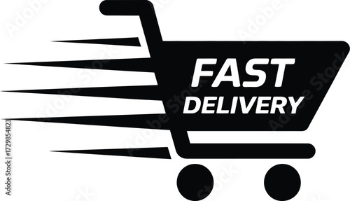 Speeding shopping cart with "FAST DELIVERY" text, symbolizing quick online shopping and logistics.