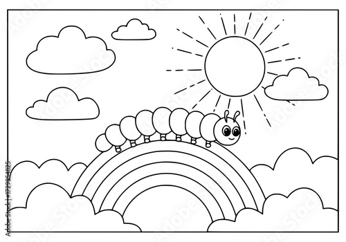 Caterpillar crawling on a rainbow, background of sunshine and fluffy clouds, simple bold line art, black and white, white background, no color, no shading, coloring page for kids.