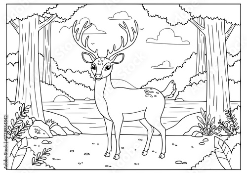 Kancil standing, forest with river and big trees, simple bold line art, black and white, white background, no color, no shading, coloring page for kids.