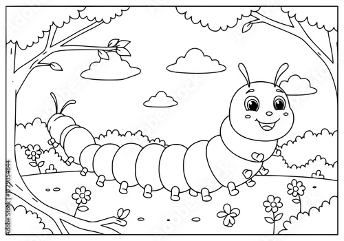 Cute caterpillar eating a leaf with a big smile, coloring page for kids.