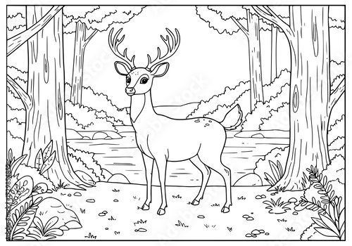 Kancil standing, forest with river and big trees, simple bold line art, black and white, white background, no color, no shading, coloring page for kids.