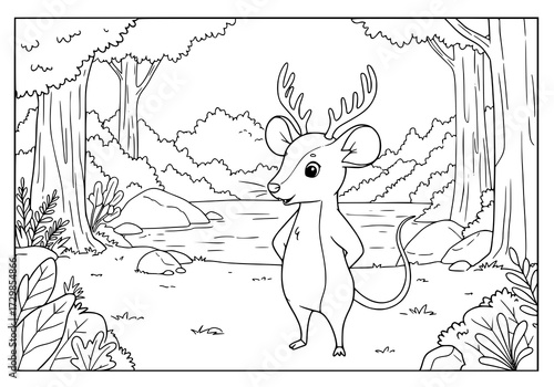 Kancil standing, forest with river and big trees, simple bold line art, black and white, white background, no color, no shading, coloring page for kids.