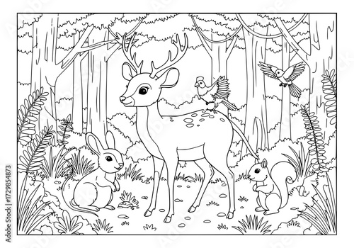 Kancil talking with a group of forest animals (rabbit, squirrel, and birds), simple bold line art, black and white, white background, no color, no shading, coloring page for kids.