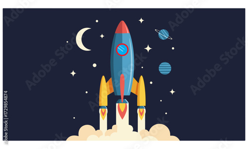 Rocket Launch to the Stars: A Blue Retro Spacecraft Taking Off into the Dark Night Sky with Planets, Moon, and Stars, Illustrating Startup and Business Success