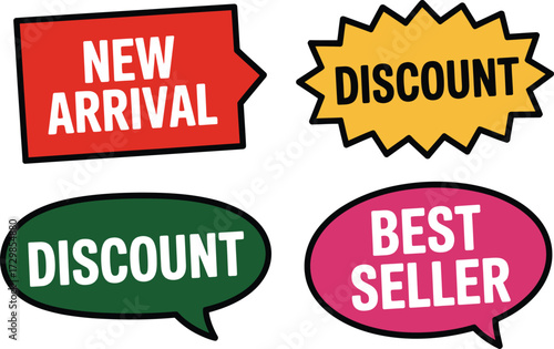 Collection of colorful sale and discount tags announcing new arrivals and best sellers