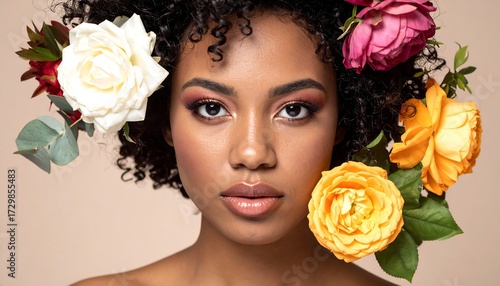 Woman with flowers in her hair, close-up portrait