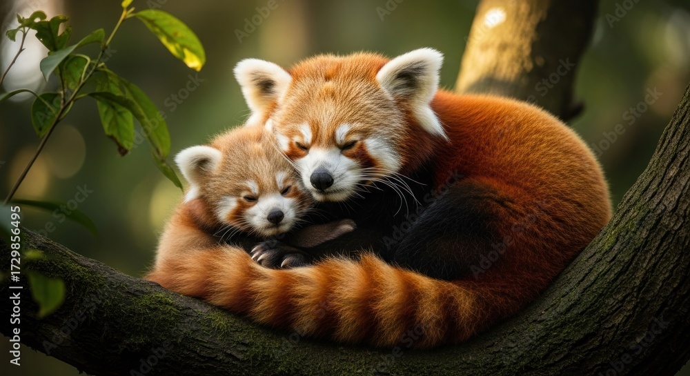 Naklejka premium Two red pandas cuddling on a branch. Close-up of a mother and baby red panda, nestled together, tails intertwined. Sunlight filters through the trees