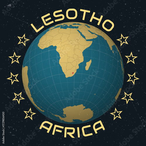 Kingdom of Lesotho on Globe. Country name round text. Vintage look with grunge scratched texture. Country view on world map in Sky Blue Light Yellow color palette. Lesotho shape on map.