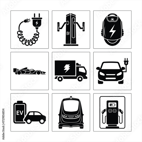 Electric Vehicles And Charging Infrastructure Icons Black And White Vector Design Illustration
