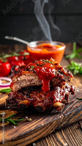 Wallpaper Mural Juicy BBQ ribs, glistening with sauce, rest on a rustic wooden board, accompanied by fresh herbs and tomatoes Torontodigital.ca