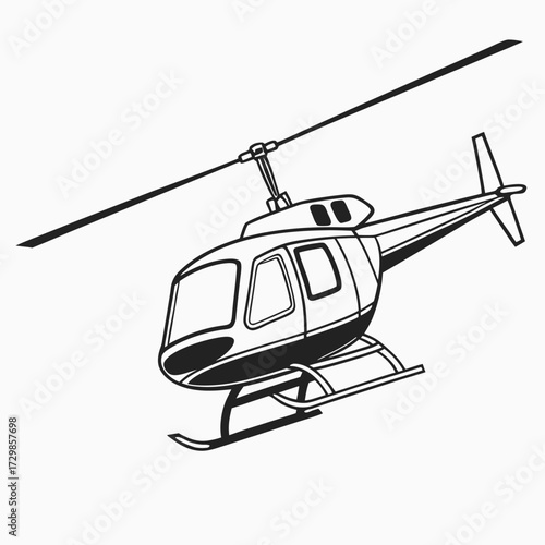 Black and White Line Icon of a Light Utility Helicopter Air Transport and Emergency Service Graphic,Detailed Monochrome Vector Illustration of a Single Main Rotor Chopper in Flight