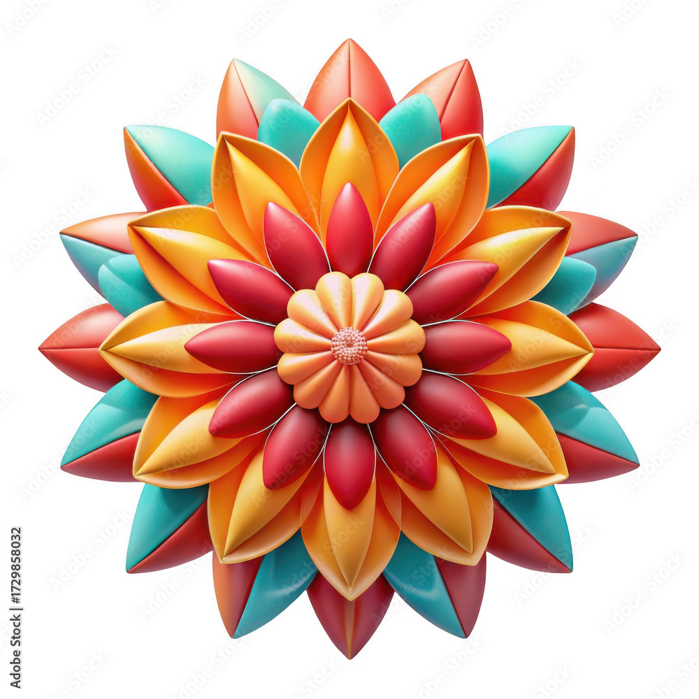 Fototapeta premium Vibrant geometric floral mandala with fiery orange and teal petals isolated on transparent background