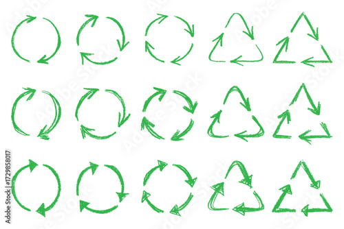 Set of hand drawn recycle arrow icon Recycling resources symbol Reuse of materials, zero waste, green environment, saving the planet