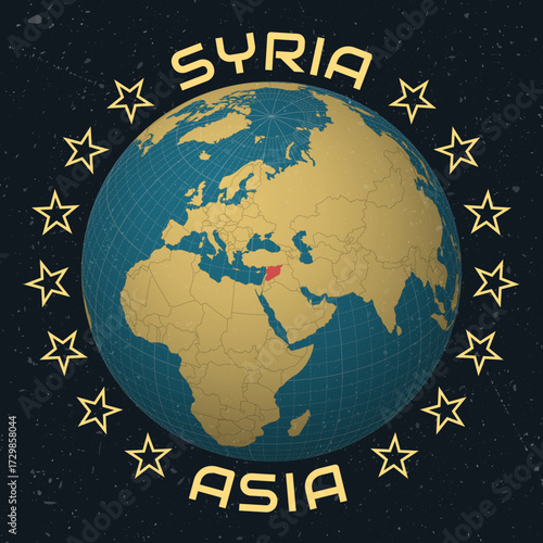 Syrian Arab Republic on Globe. Country name round text. Vintage look with grunge scratched texture. Country view on world map in Sky Blue Light Yellow color palette. Syria shape on map.