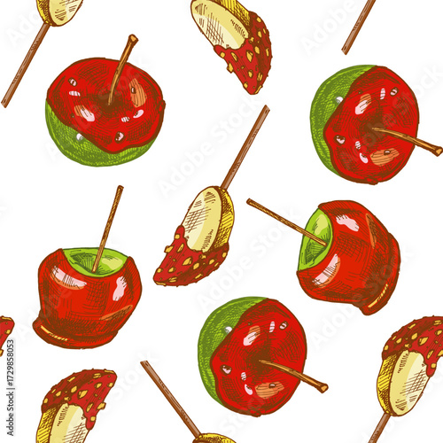 Hand drawn vintage seamless pattern of caramel apples and apple slices on stick with nut topping, colorful sketch vector illustration