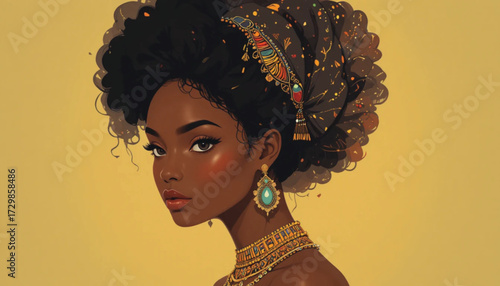 Elegant African woman wearing traditional jewelry, cute expression, colorful flat vector design.  Ai Generate 