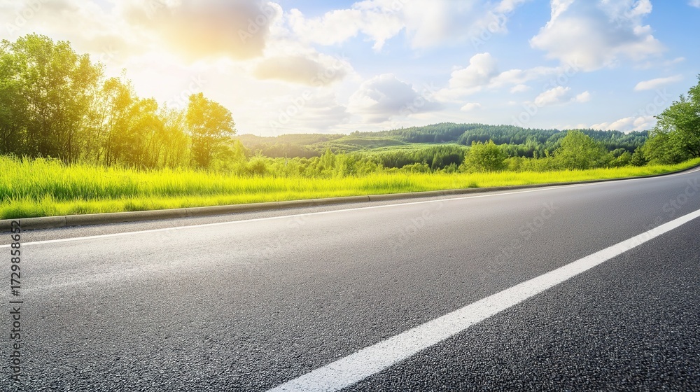 Fototapeta premium asphalt. Panoramic view of an empty road under cloudy skies, capturing a serene and open landscape. travel magazines, destination branding, designed for outdoor magazines and nature guides.
