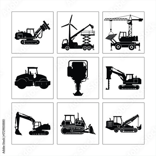 Construction And Industrial Equipment Icons Silhouettes Featuring Leasing Ready Cranes Excavators And Road Rollers
