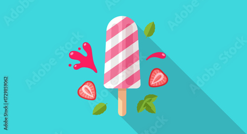 Strawberry Swirl Popsicle Illustration with Sliced Strawberries and Mint Leaves on Blue Background