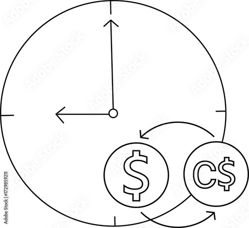 wall clock icon sketch and icon convert dollar coins to Canadian dollar coins