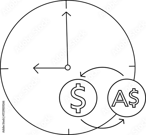 wall clock icon sketch and icon convert dollar coins to Australian dollar coins