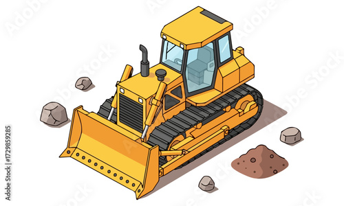 Heavy-Duty Yellow Bulldozer: A Detailed Isometric Vector Illustration of Construction Machinery with a Large Blade, Surrounded by Rocks and a Pile of Dirt