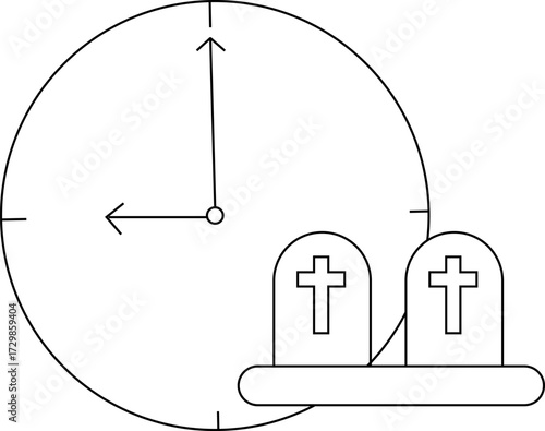 sketch of wall clock icon and two tombstone icon