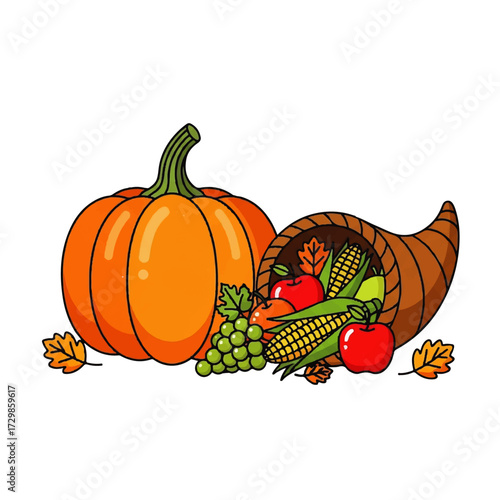 Festive autumn harvest illustration featuring a classic Thanksgiving cornucopia, a large pumpkin, and an abundance of fresh fruits and vegetables