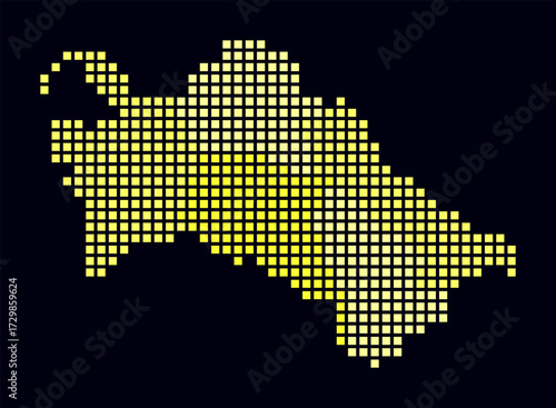 Turkmenistan dotted map. Digital style map of the country on dark background. Turkmenistan shape with square dots. Colored dots style. Large size squares. Artistic vector illustration.