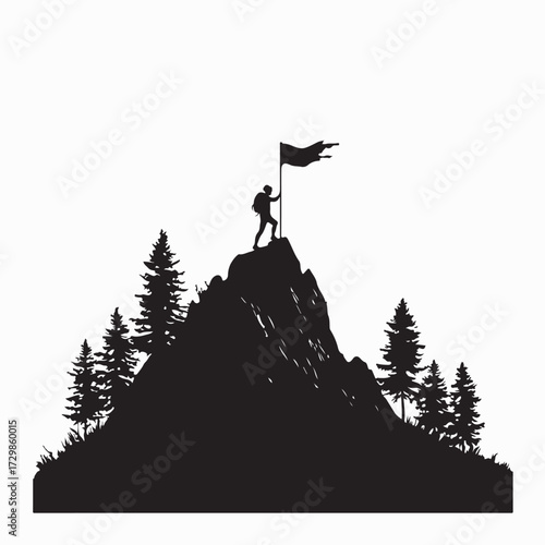 Climber Celebrating Conquest of Mountain Summit with Flag Silhouette Vector