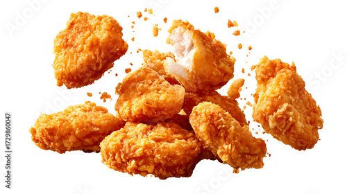 Deliciously Crispy shaking Flaying fried chicken nuggets isolated on transparent background Remove png, Clipping Path