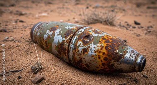 Rusty ordnance on sandy ground