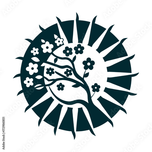 Vernal Equinox Cherry Blossom Sun Icon Vernal Equinox Shunbun no Hi Stylised sun half merged with a cherry blossom branch in balanced asymmetry
