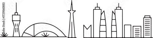 Toronto Skyline Outlined with CN Tower, and Rogers Center at Edge of Water