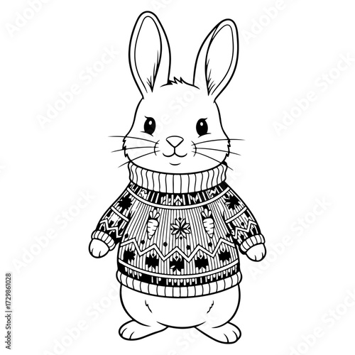 Minimalist vector illustration of a cute rabbit in a winter knitted sweater. Simple outline drawing ideal for coloring activities or Scandinavian-inspired designs. Isolated woodland animal graphic.