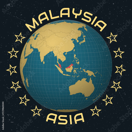 Malaysia on Globe. Country name round text. Vintage look with grunge scratched texture. Country view on world map in Sky Blue Light Yellow color palette. Malaysia shape on map.