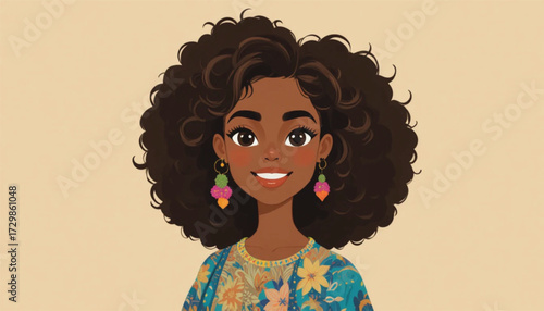 Vector illustration of cute African woman with natural curly hair, smiling face, colorful earrings, and modern fashion outfit, flat cartoon style.eps