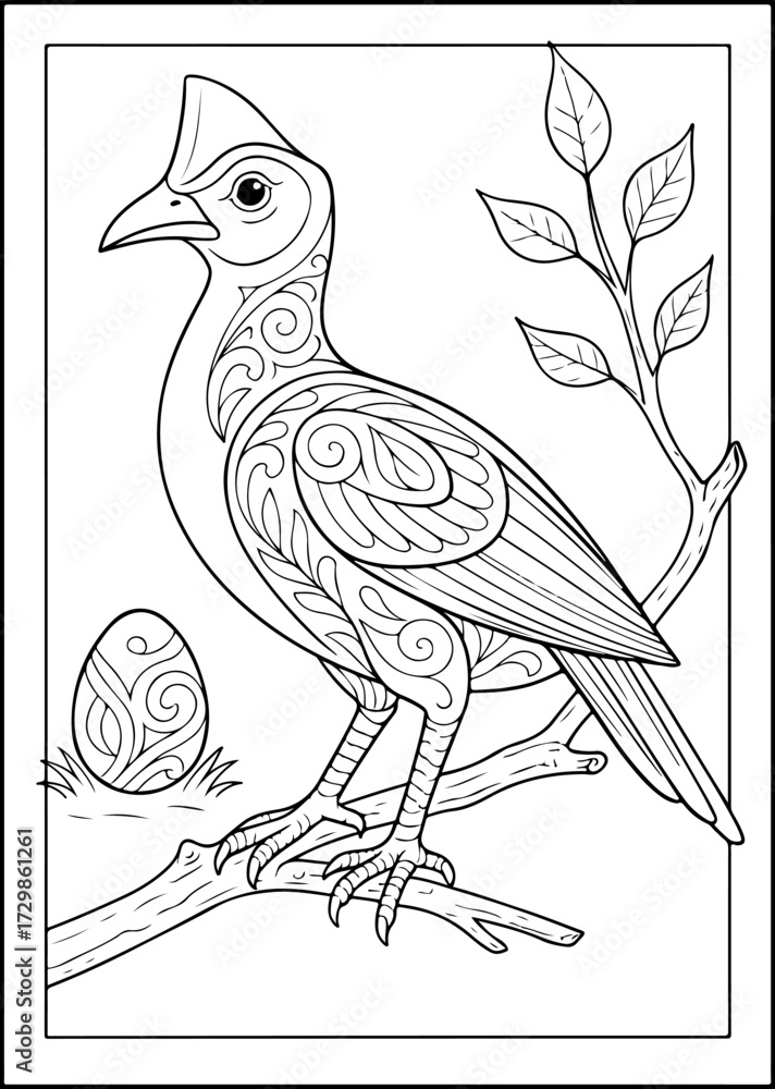 Naklejka premium Maleo Bird Zentangle Coloring Page — Sulawesi Endemic with Large Egg, Ornamental Line Art (Vector)