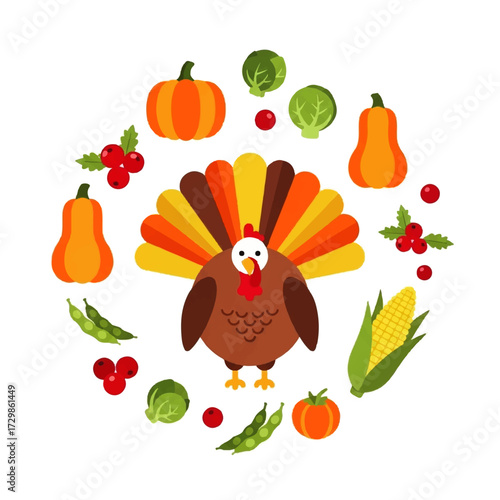 Festive Thanksgiving Circle featuring a Turkey surrounded by Autumn Harvest Vegetables and Berries for a Holiday Celebration